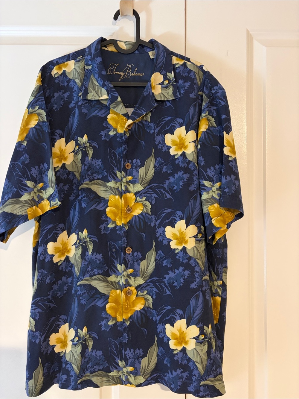 Tommy Bahama Navy and Yellow Floral Camp Shirt.